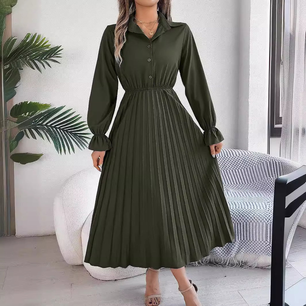 Autumn Winter Casual Collared Button Long Sleeve Cinched Pleated Maxi Dress Women Clothing