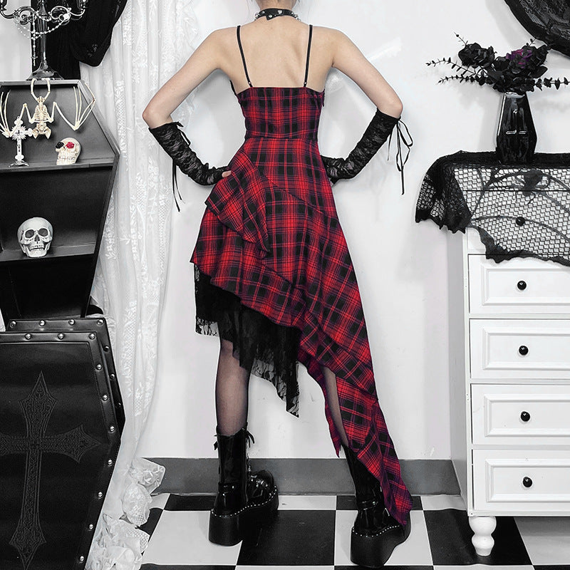 Summer Sling Dark Irregular Asymmetric Stitching Hem Plaid Dress Women