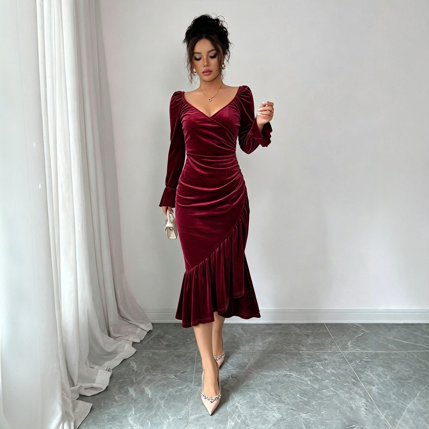 Women Clothing Velvet V neck Dress Autumn Winter Waist Slimming Irregular Asymmetric Fishtail Hip Wrapped Mid Length Dress