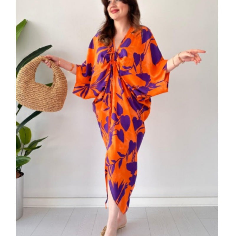 Robe femme asymétrique à manches chauve-souris amples, imprimé décontracté et cordon de serrage