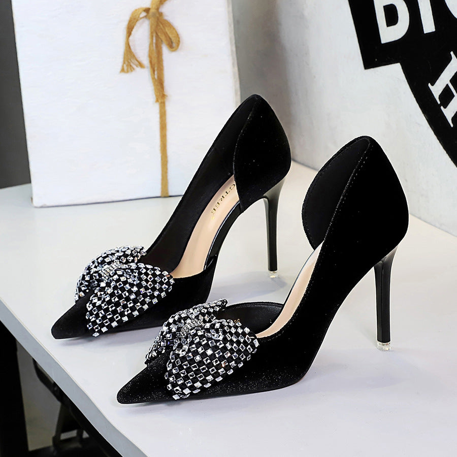 Super Large Rhinestone Bow Pointed Slip on Side Hollow Out Cutout Suede Pumps Women