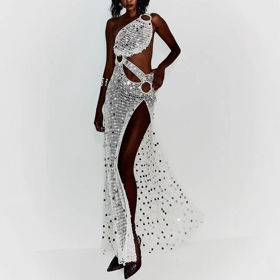 Spring Summer Sequined Sloping Shoulder Dress Holiday Sexy Loose Women Dress