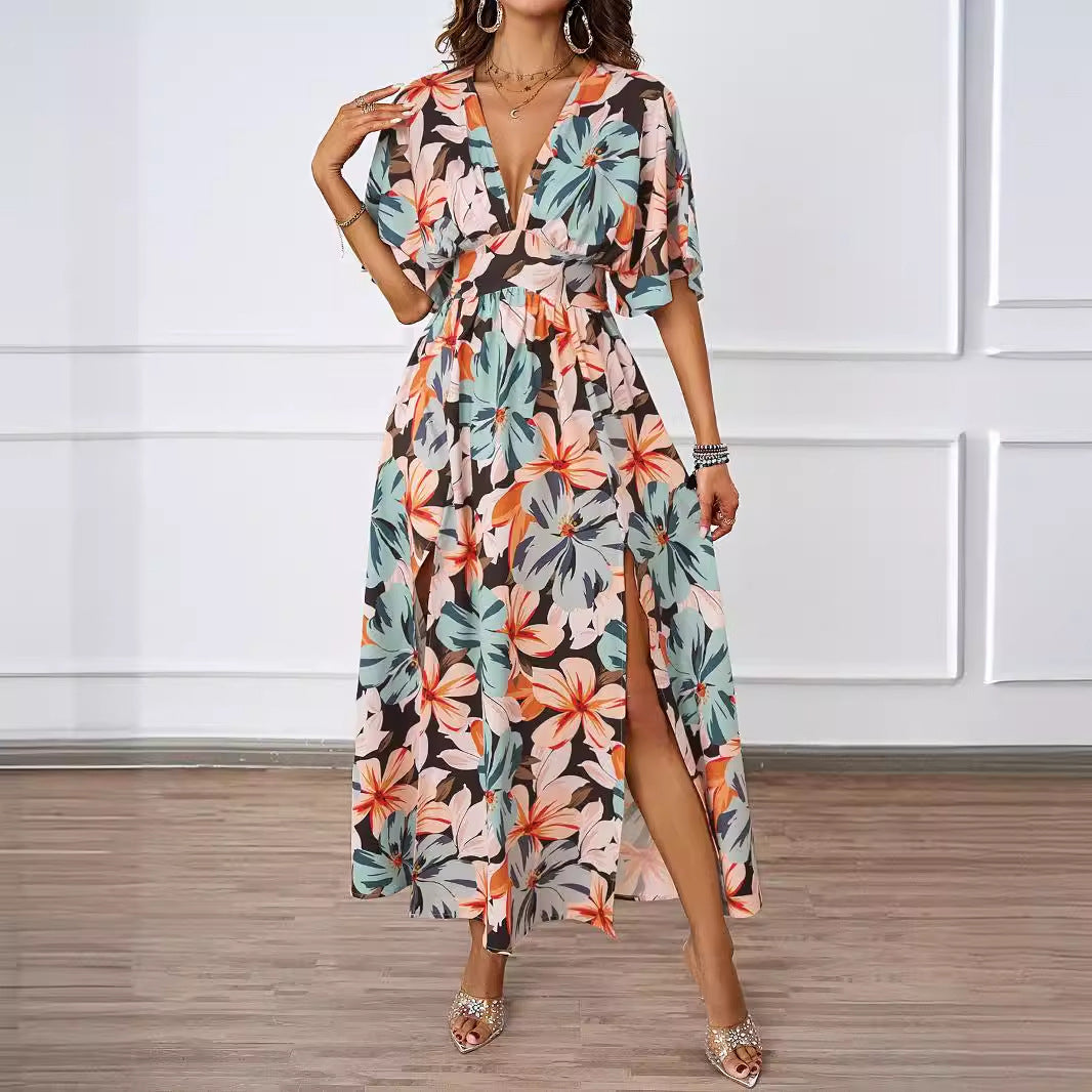 Summer Floral Print Maxi Dress Elastic Band Waist Tight Big V neck Short Sleeve Dress for Women