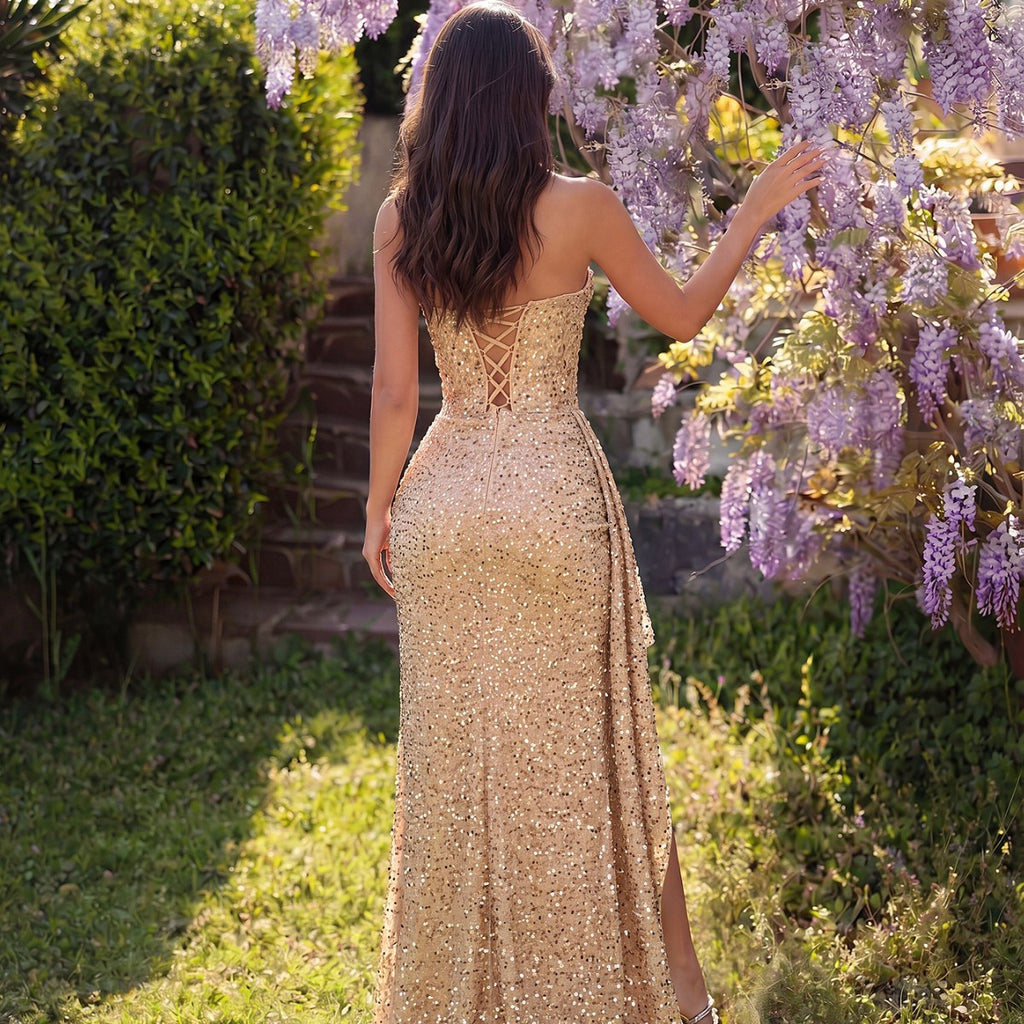Tube Top Champagne Gold Sequined Elegant Evening Dress High Waist Slit Trailing Cocktail Host Fishtail Dress