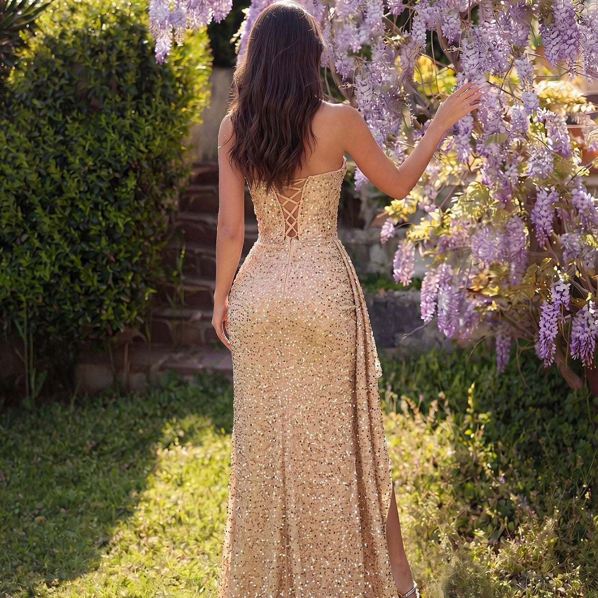 Tube Top Champagne Gold Sequined Elegant Evening Dress High Waist Slit Trailing Cocktail Host Fishtail Dress
