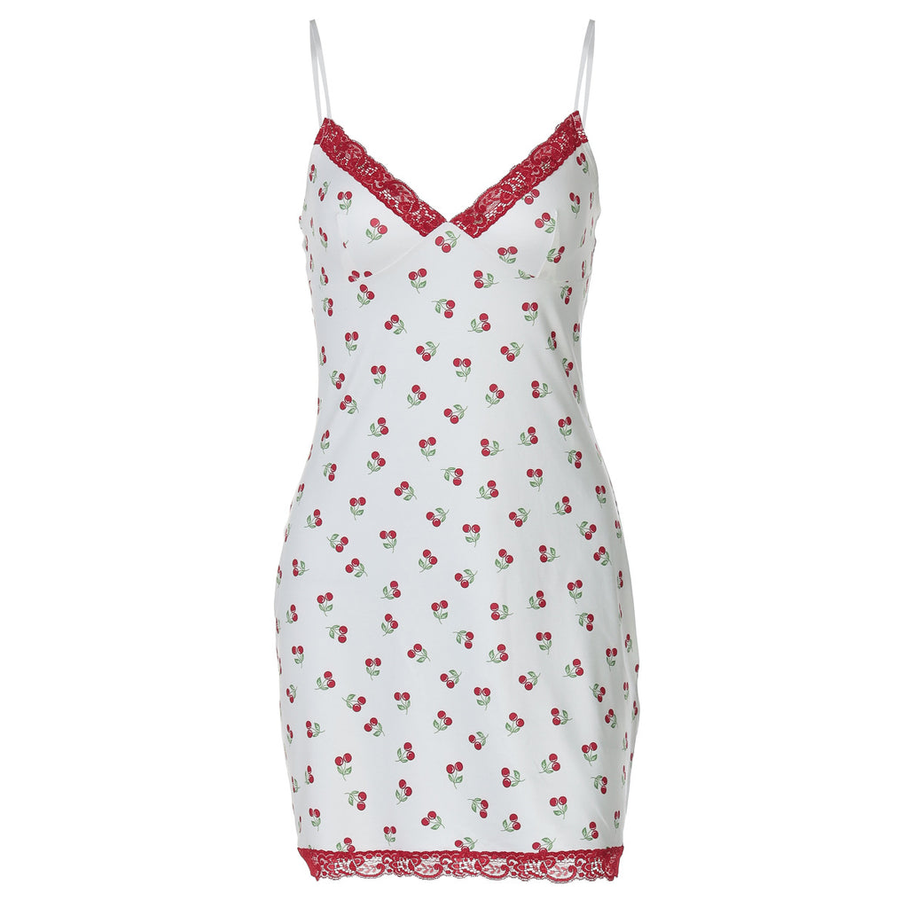 Vestido de verano con tirantes de encaje y costuras con estampado fresco y dulce para mujer