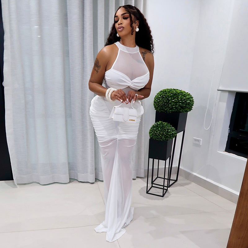 Women Clothing Summer Solid Color Casual Mesh Stitching Sleeveless Twisted Pleated Maxi Dress