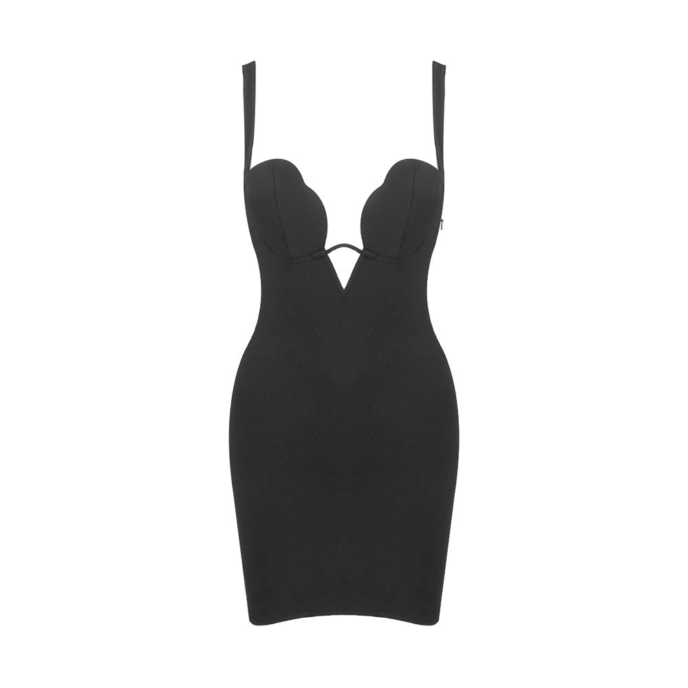Robe de soirée noire à bretelles et fermeture éclair Furcal, décolleté en V sexy, ourlet asymétrique.