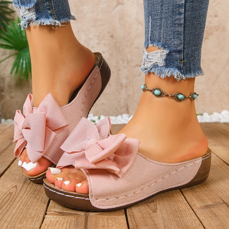 Wedge Platform Slippers Women Bow Fish Mouth Beach Slippers