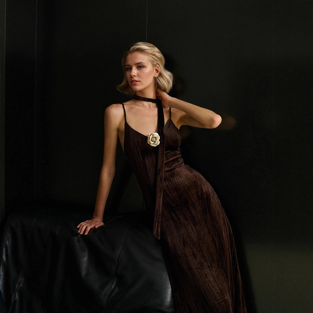 Cocktail Retro Brown Lace up with Corsage Decoration Velvet Pleated Sexy Cami Dress