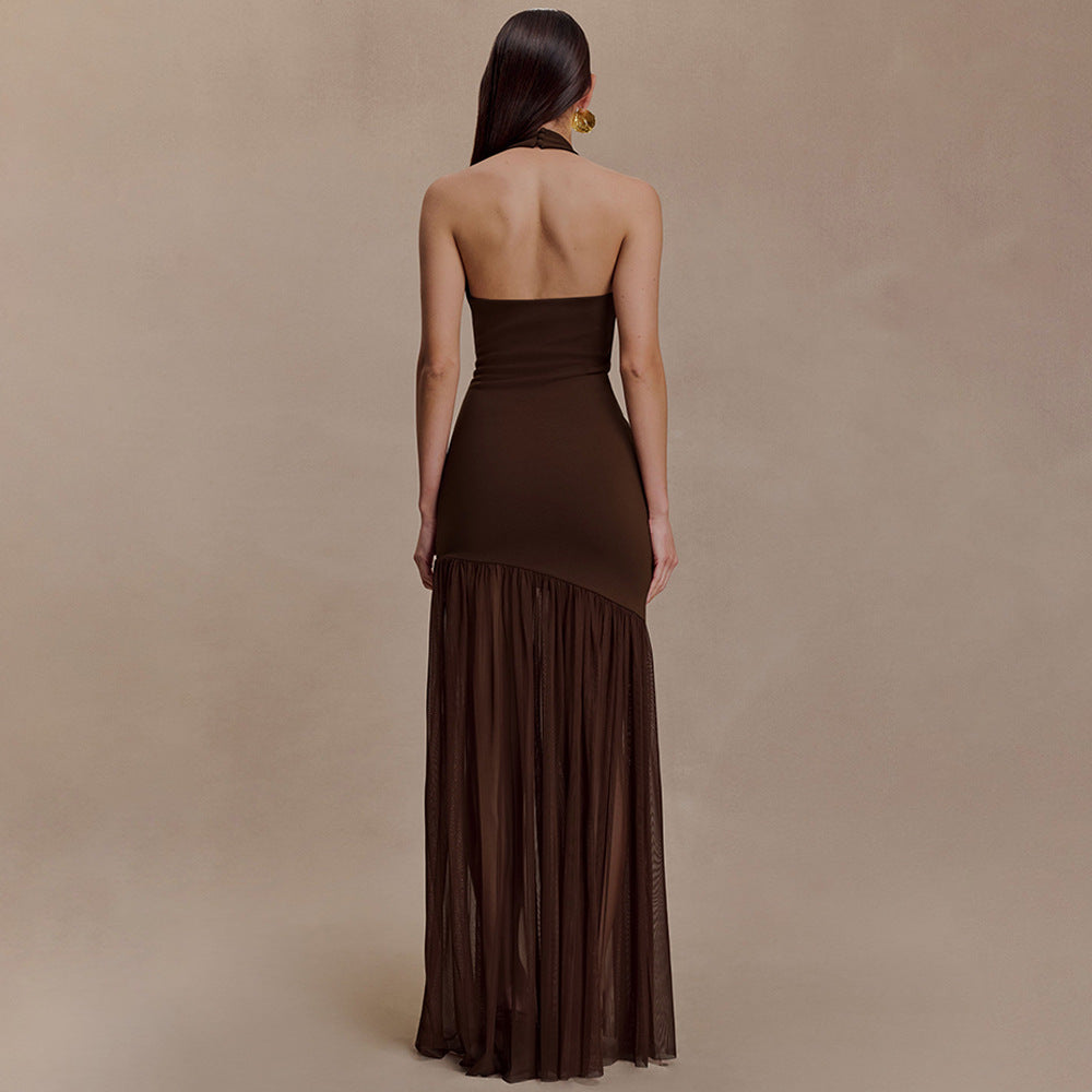 Vestido elegante para mujer, estilo halter, sexy, con escote plisado y espalda descubierta.