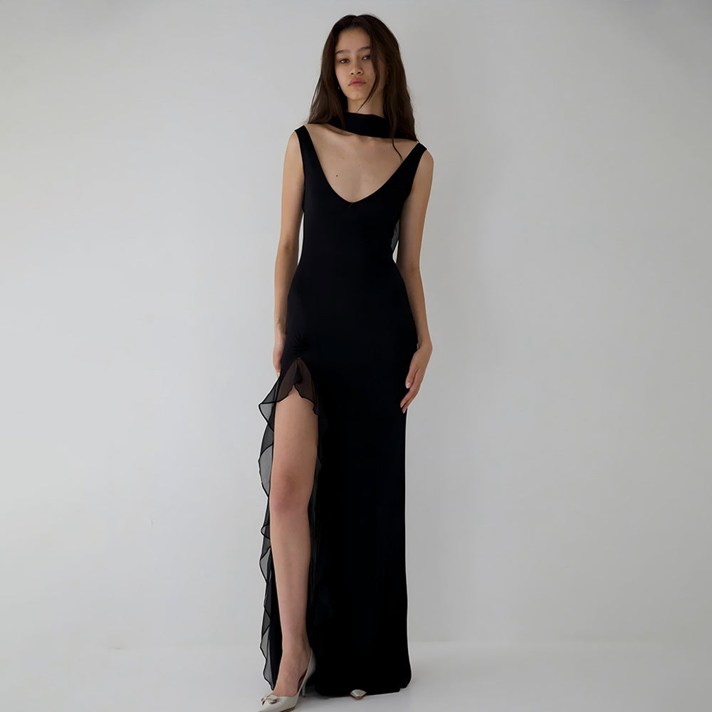 Robe d'été élégante à ruban pour femme, dos nu sexy, fente haute, volants, coupe cintrée