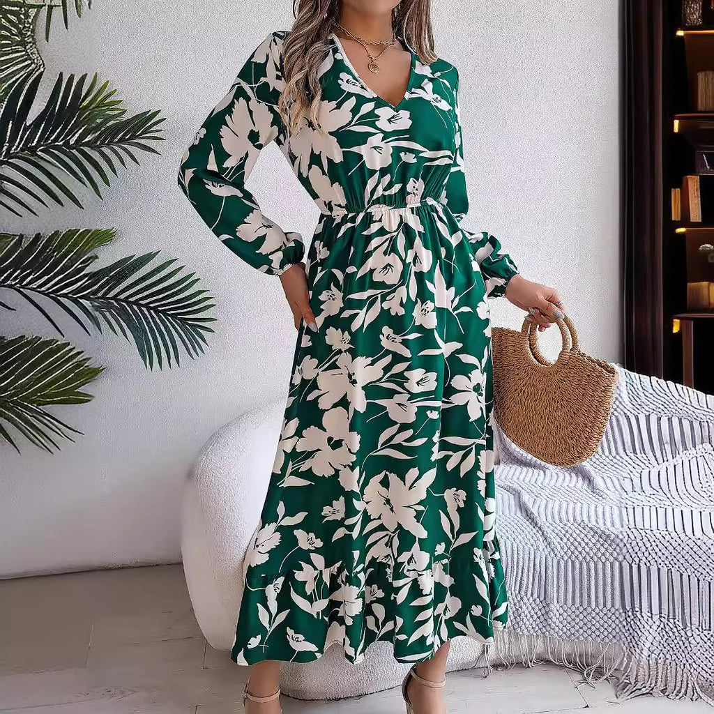Real Shot Autumn Winter Casual Floral Waist Controlled Long Sleeves Ruffled Dress Women Clothing