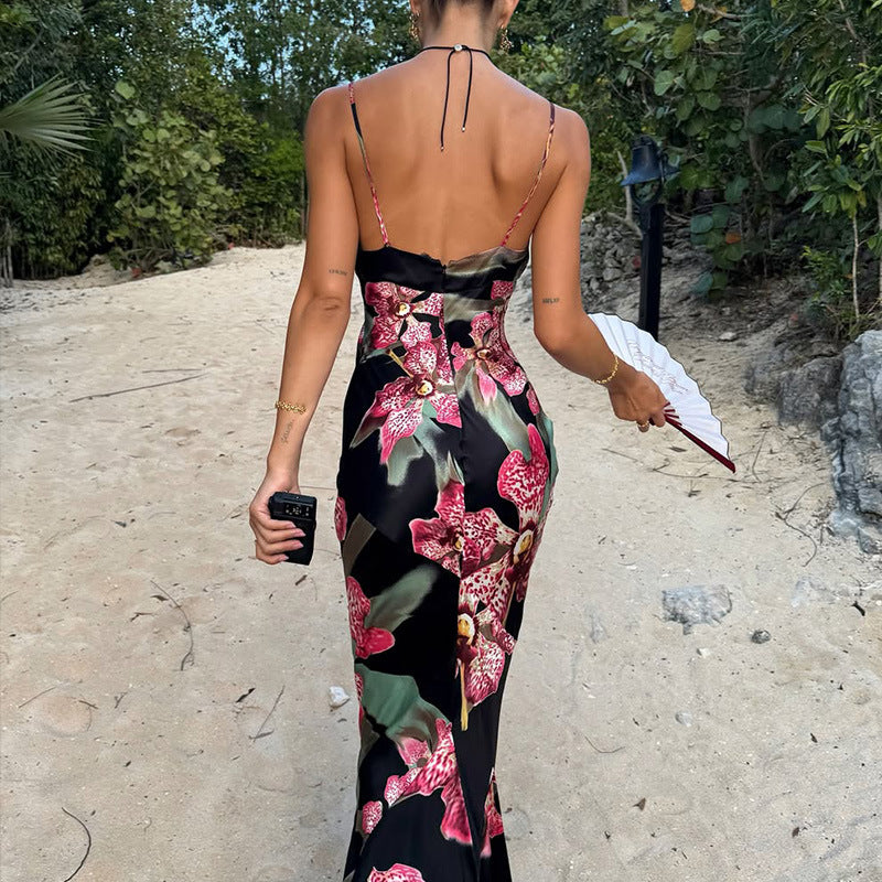 French Women Clothing V neck Strap Slim Fit Figure Flattering Maxi Dress Vintage Printed Court Advanced Dress