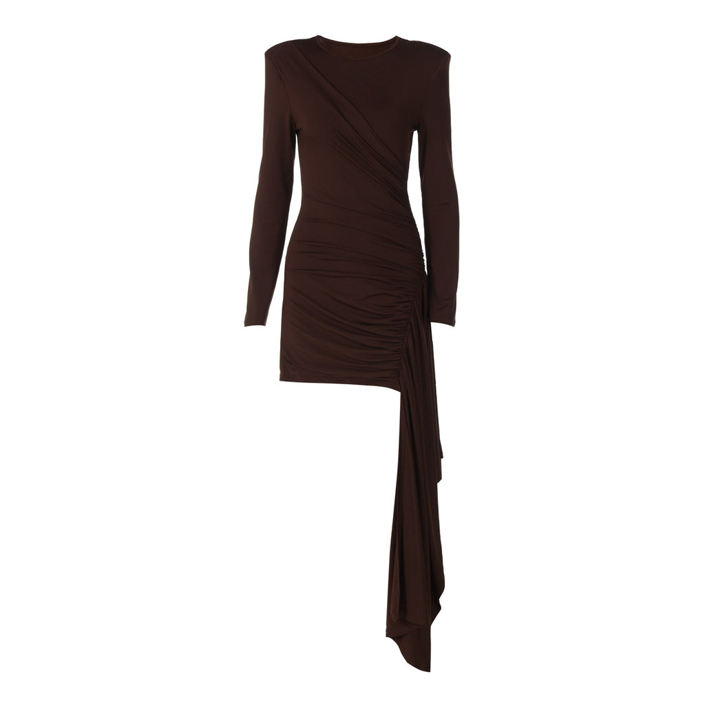 Vestido de mujer Otoño Invierno ajustado con cintura plisada y lazo ajustado de color liso con manga larga