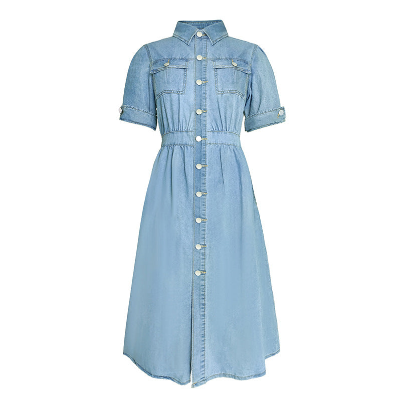 Fall Lapels Shirt Denim Dress High Quality Elegant Slimming A line Midi Dress