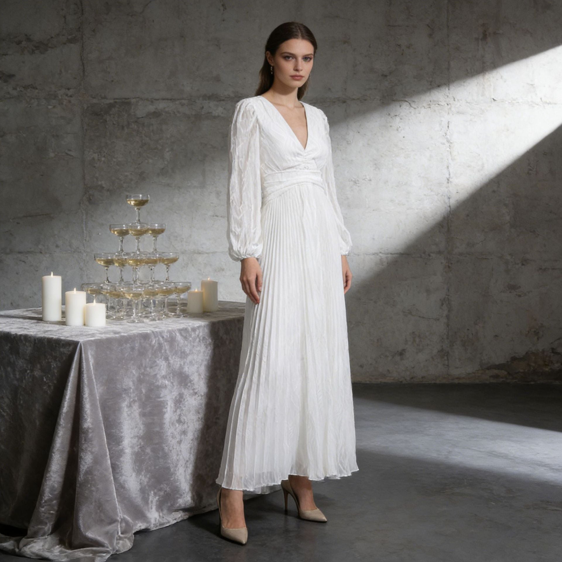 Spring Deep V Plunge neck Lantern Sleeve Maxi Dress Tight Waist Slimming Pleated Design Dress for Women