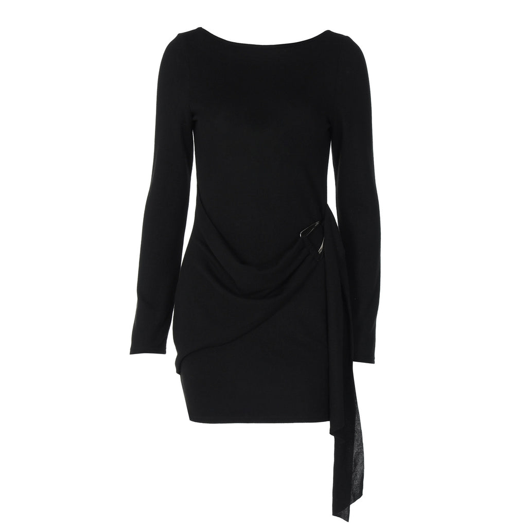 Robe d'automne élégante et sexy, dos nu, manches longues et ruban, couleur unie, pour femme
