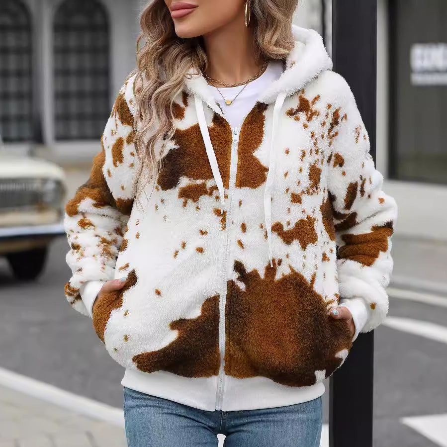 Gilet imprimé à capuche zippé en peluche Flash Velvet, idéal pour l'automne et l'hiver.