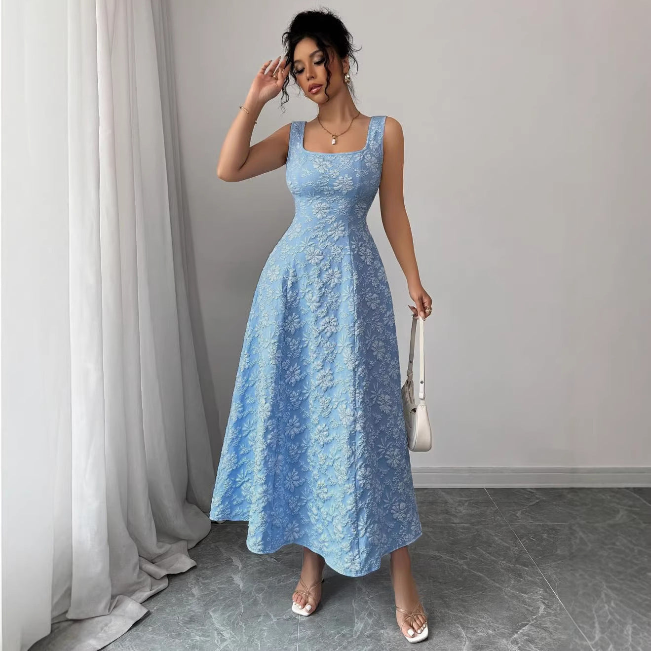 Popular Summer Vest Pullover Square Collar Jacquard Floral Swing Elegant Dress