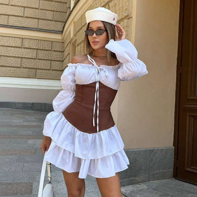 Fall Women Clothing Sexy Contrast Color off Shoulder Slim Fit Slimming Puff Sleeve Dress