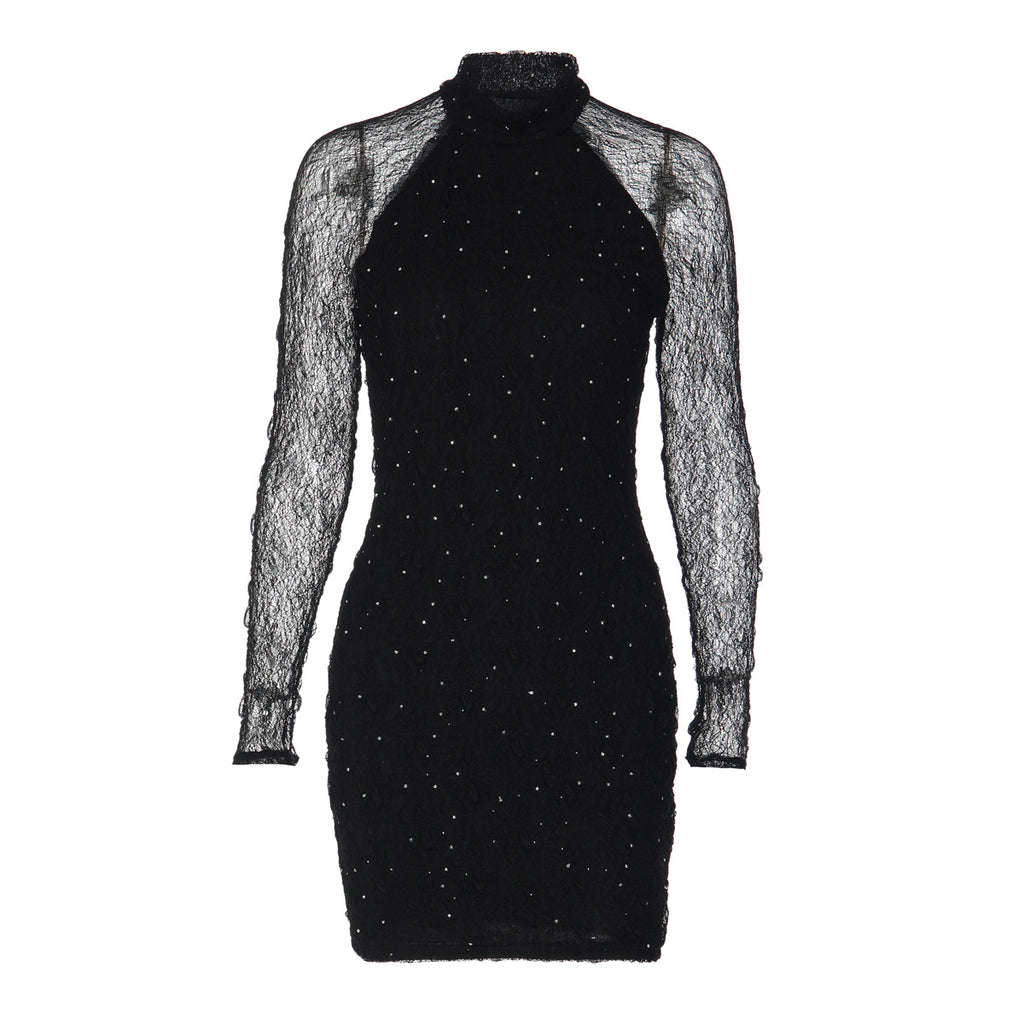 Women Winter Sexy Slim Lace Rhinestone Sheath Long Sleeve Dress