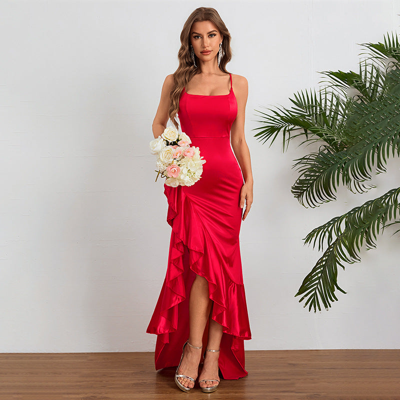 Robe d'automne sexy à fente et fines bretelles spaghetti pour femme