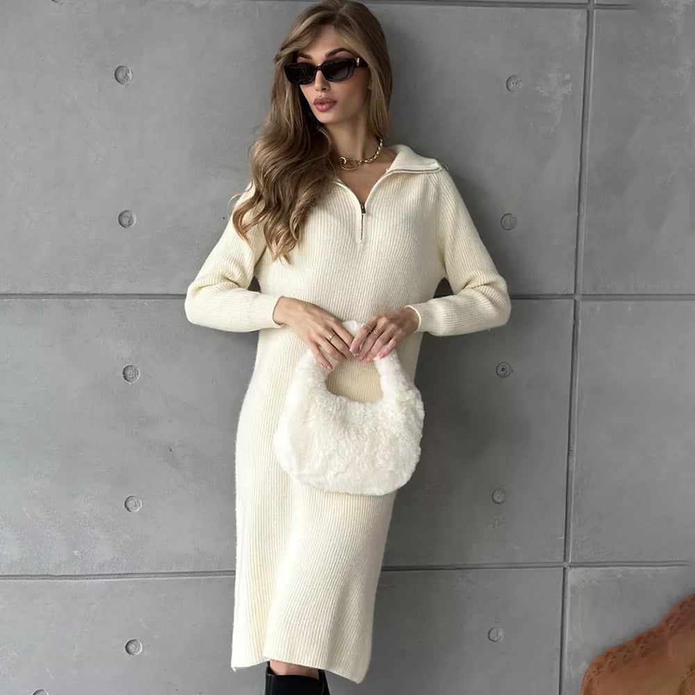 Vestido de lana con cuello alto y media cremallera para mujer, prenda interior holgada de otoño e invierno, vestido de punto básico