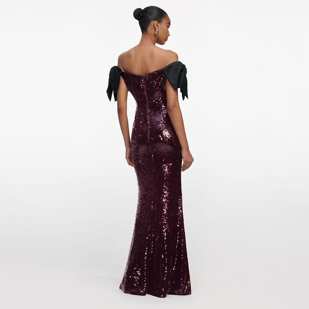 Robe de soirée longue couleur café à sequins multicolores, épaules dénudées, nœud noir, robe cocktail sirène