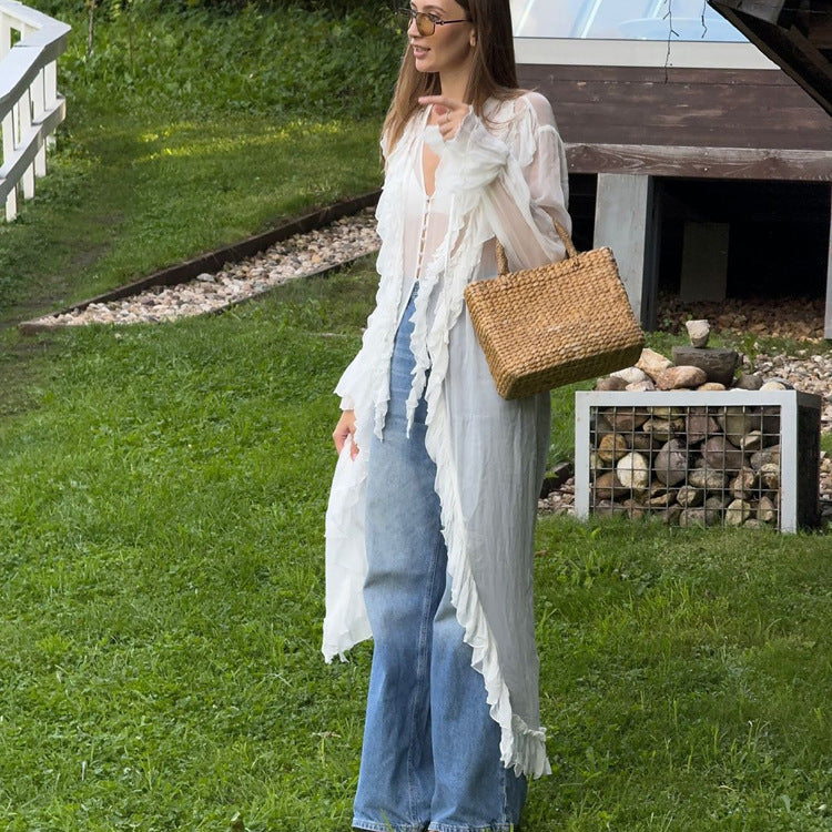 Robe sexy en mousseline à volants pour femme, manches longues transparentes, simple boutonnage