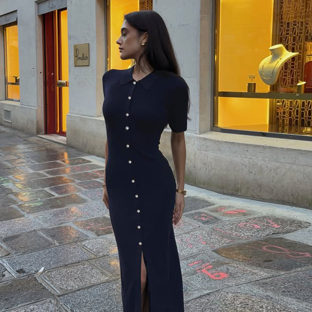 Vestido elegante básico de punto de color liso con cuello polo y manga corta para mujer
