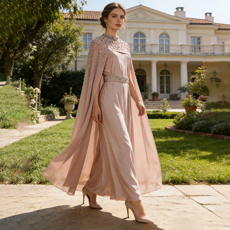 Robe Élégante Rétro Exquise à Cape et Strass Taille Haute Amincissante pour le Printemps