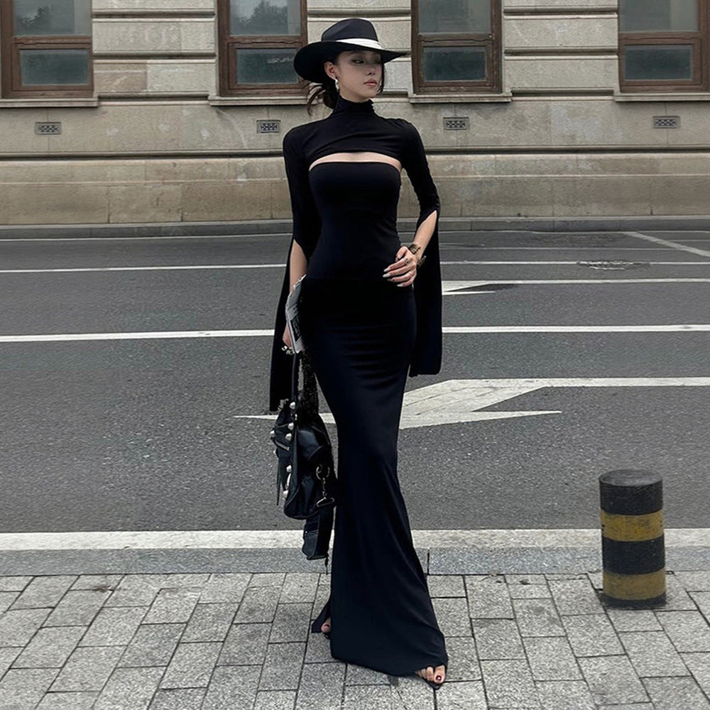 Advanced Black Slim Fit Fishtail Dress Turtleneck Hollow Out Cutout Split Slimming Maxi Dress