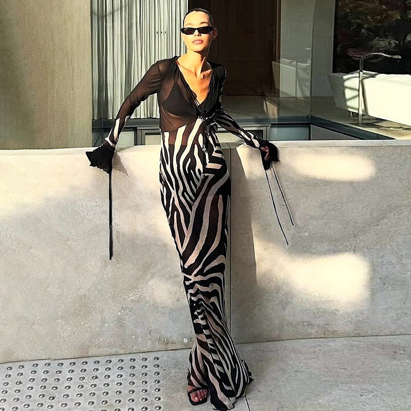 Summer Color Contrast Printed Sexy V neck Mesh Long Sleeve Dress