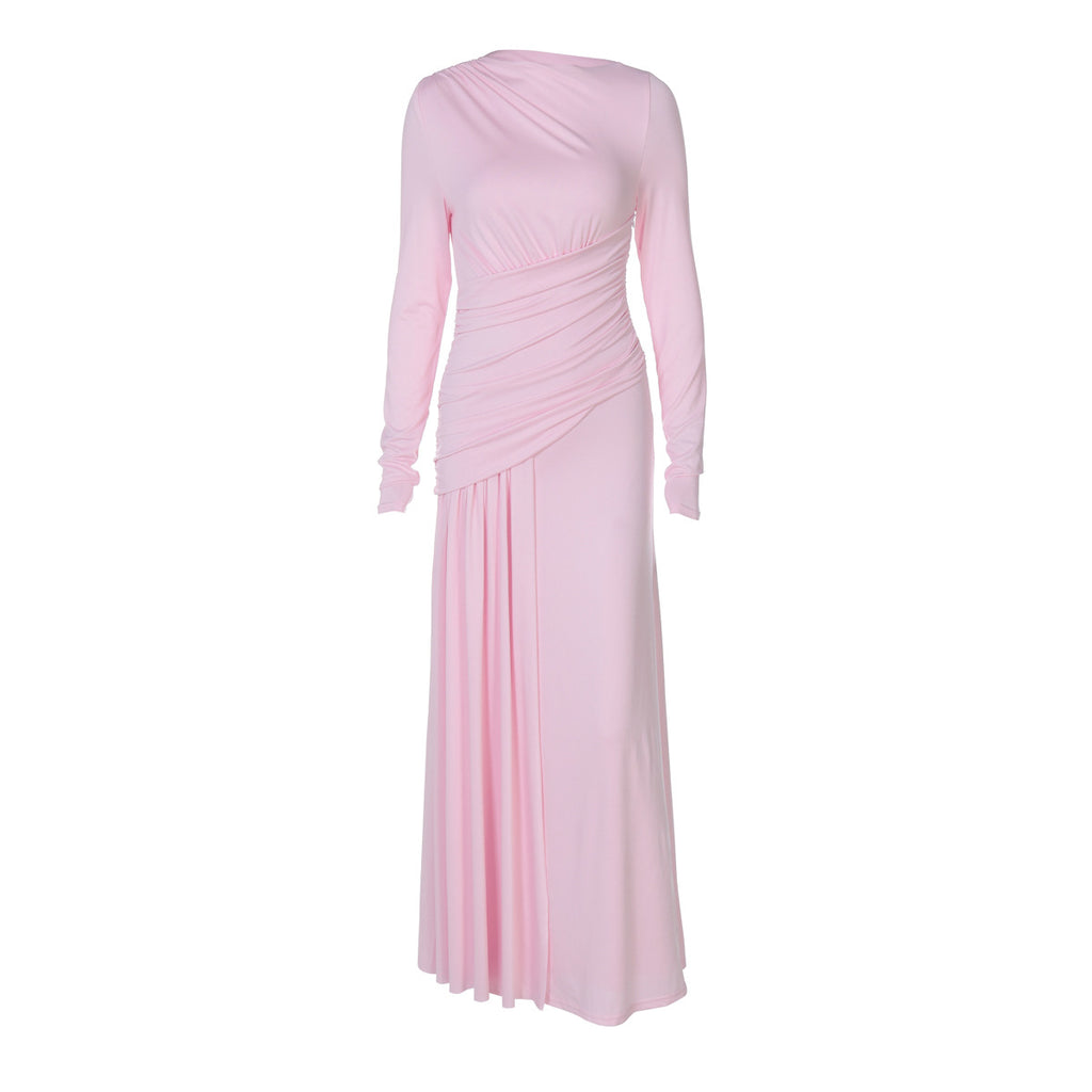Women Clothing Summer Elegant Slim Pleated Zipper round Neck Long Sleeved Dress