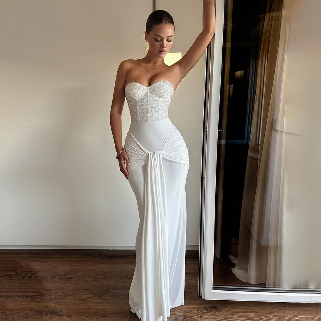 Vestido tubo con espalda descubierta y costuras de lentejuelas para mujer, ropa de otoño