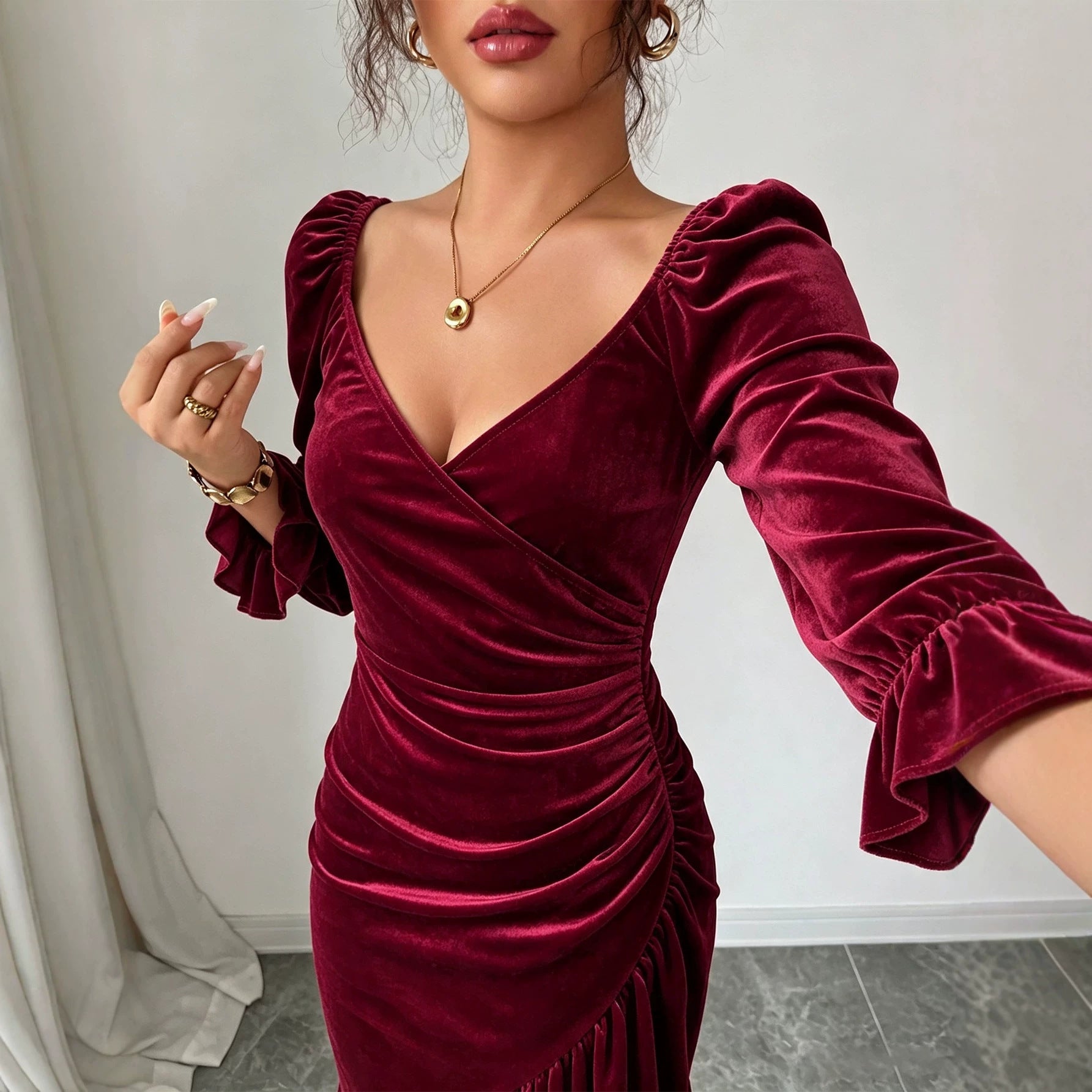 Women Clothing Velvet V neck Dress Autumn Winter Waist Slimming Irregular Asymmetric Fishtail Hip Wrapped Mid Length Dress