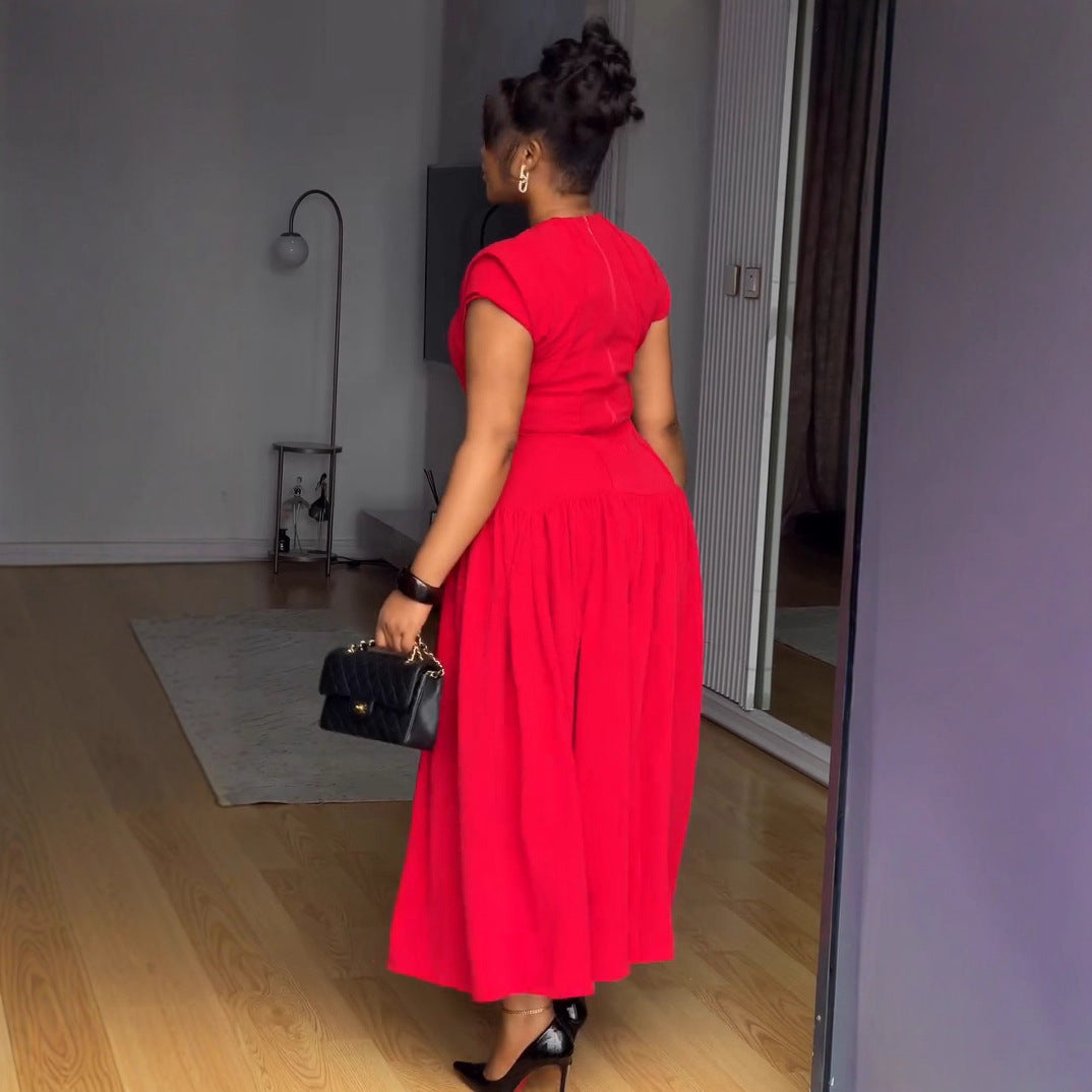 Elegant Elastic Waist Tightening Pleated Flounced Sleeve Lace Dress