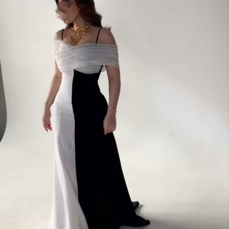 Spring Summer Women Strap Color Matching Pleated Slim Elegance Retro Dress
