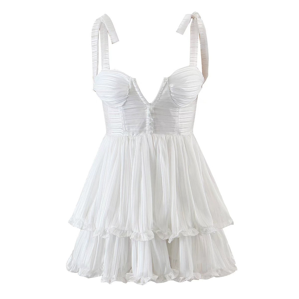 Vestido de gasa de seda de tres capas para mujer, vestido sexy de primavera con tirantes, vestido amplio con vuelo