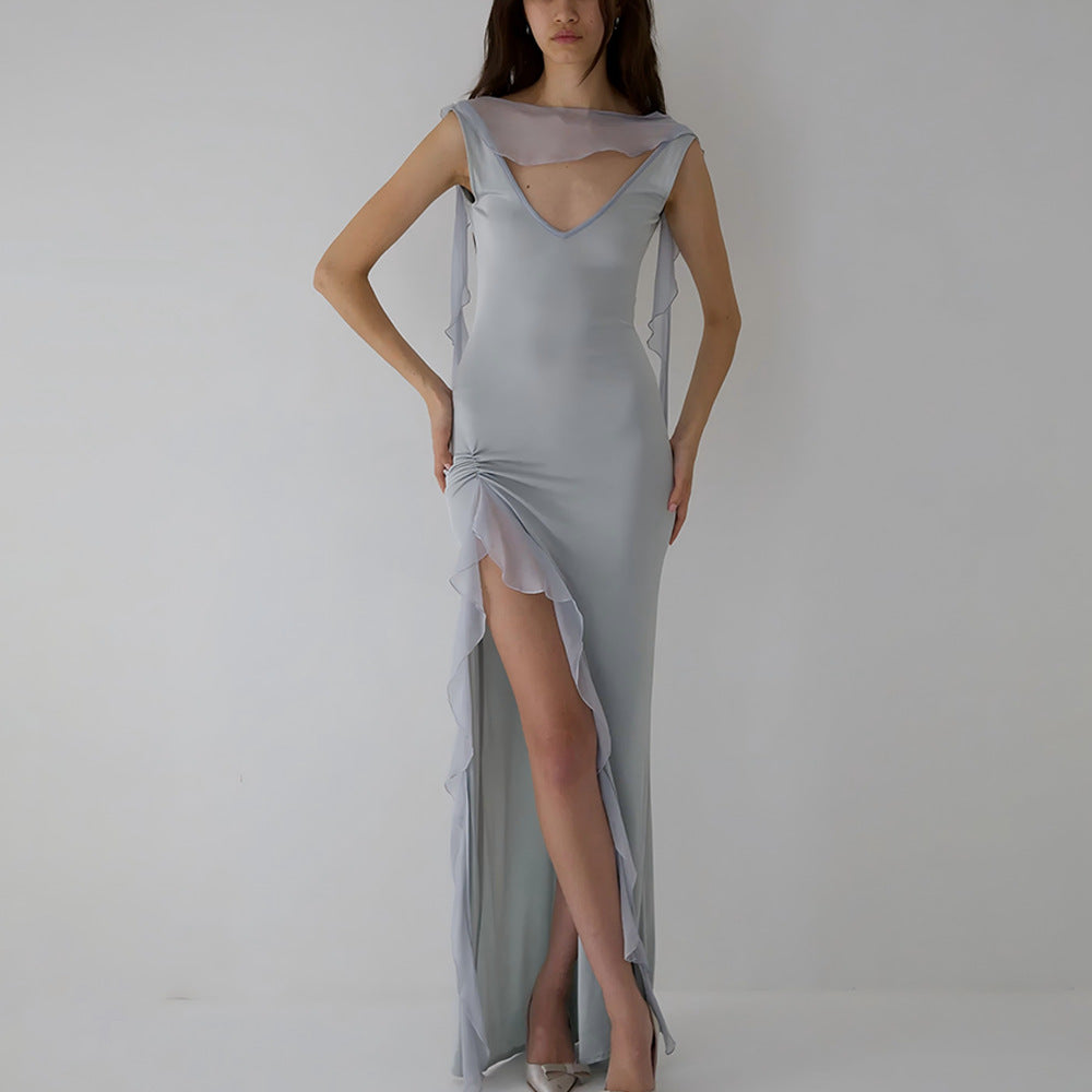 Robe d'été élégante à ruban pour femme, dos nu sexy, fente haute, volants, coupe cintrée