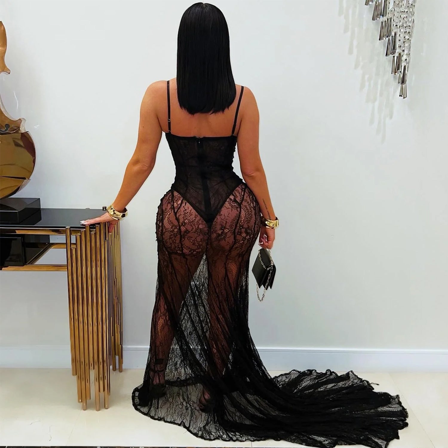 Women Wear Sexy Sling Lace See through Formal Dress
