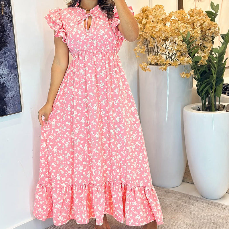 Vestido de verano con mangas voladoras y cintura alta con estampado floral para mujer