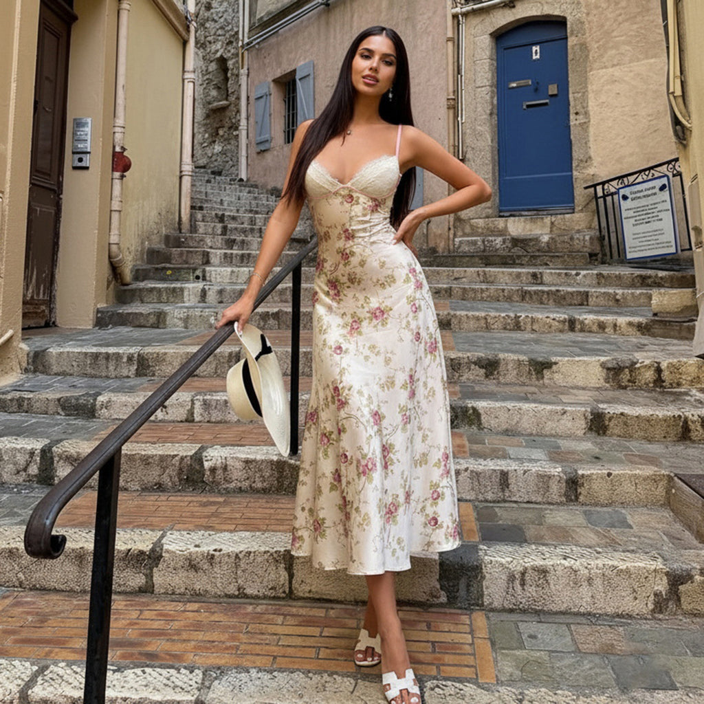 Vestido maxi estampado floral con escote en V y encaje de satén con tirantes finos para vacaciones en la calle
