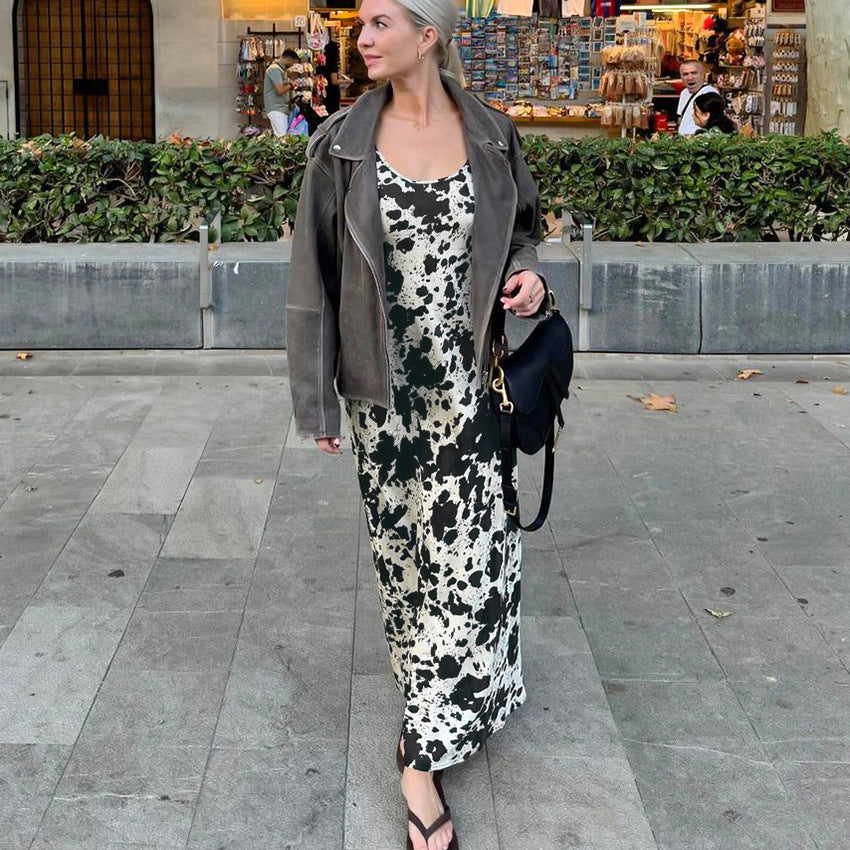 Autumn Winter Sexy Design Print Sling round Neck All Matching Ankle High Retro Party Formal Dress Women