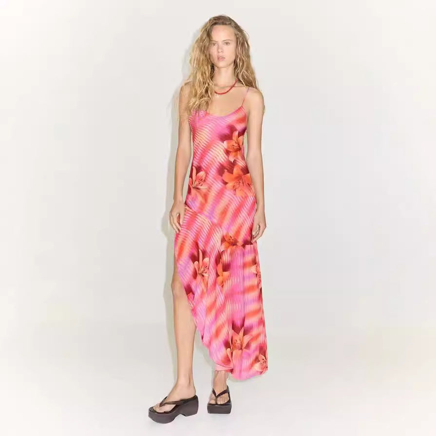Vestido lencero con estampado de abertura y espalda descubierta para mujer
