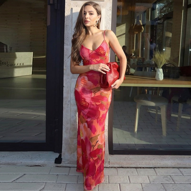 Women Sexy Deep V Plunge neck Mesh Floral Print Sleeveless Strap Skinny Sheath Dress