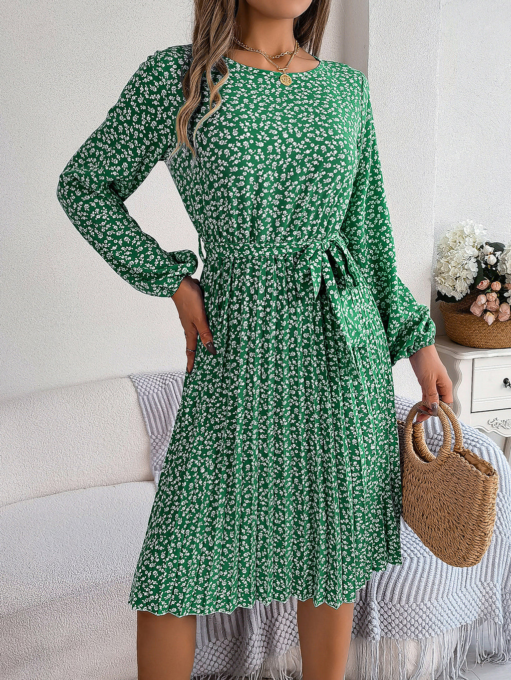 Spring Summer Casual Long Sleeved Floral Large Hem Pleated Women Clothing