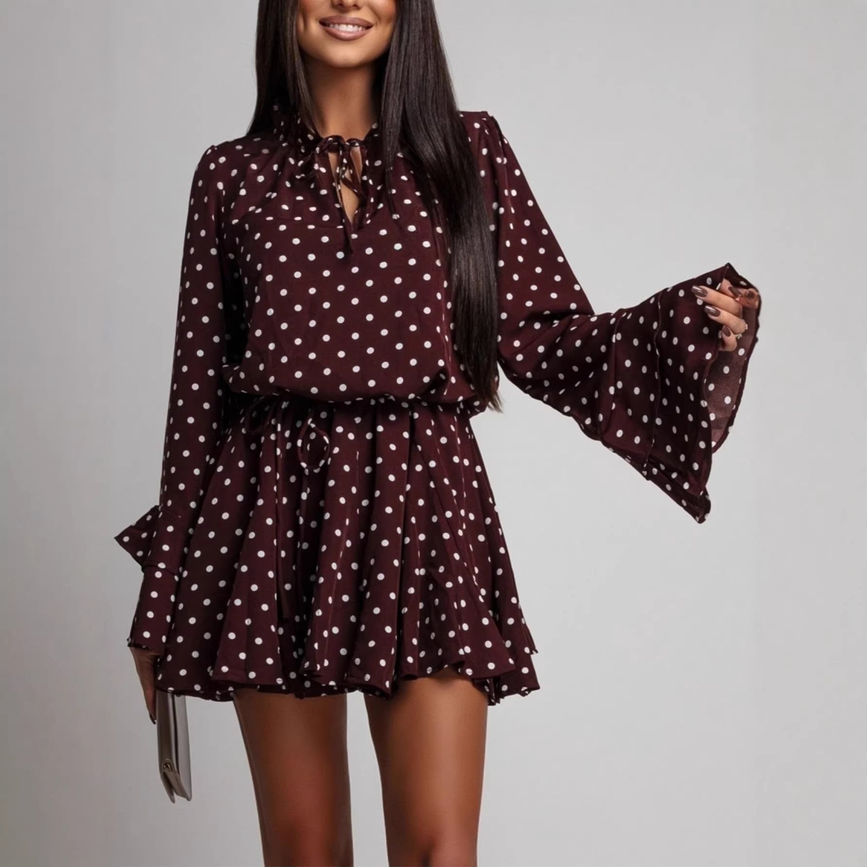 Women Polka Dot V neck Long Sleeve Dress