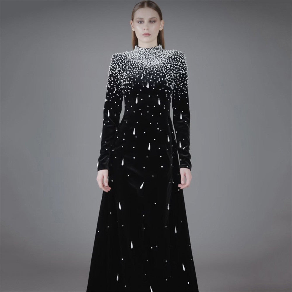 Heavy Industry Beads Diamond Long Sleeve Bandage One Piece Dress Evening Party Elegant Graceful Formal Dress